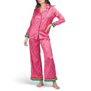 DALIA MACPHEE 2pc Satin Geo Print Pajama Top And Pants Set  in Pink and Green L